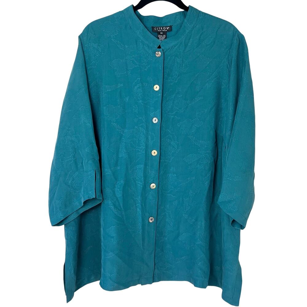 Citron Santa Monica Jacquard Button-Front Silk Top Boho Artsy Coastal Size 2X